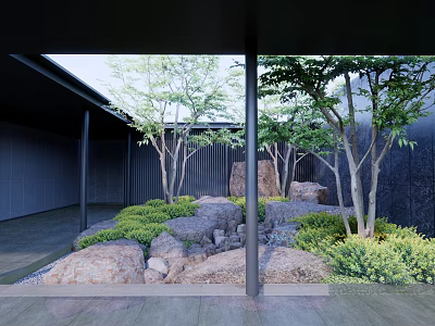 Tranquil Garden Landscape With Natural Rocks Small Trees Lush Shrubs And Dark Pillars 3d model