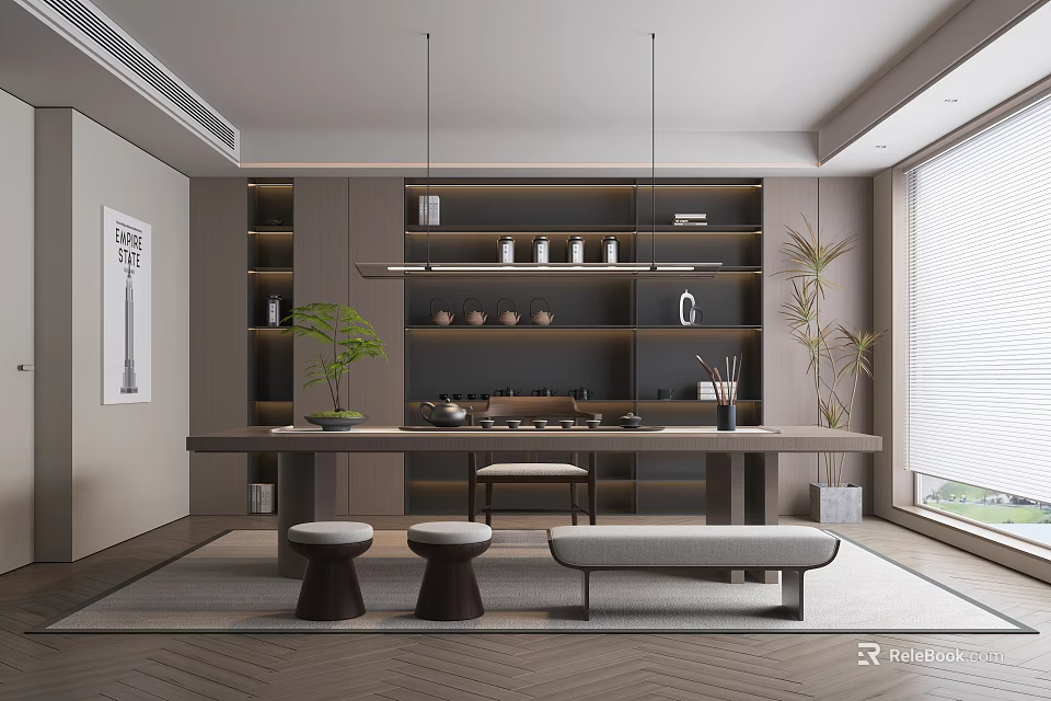 Modern Tea Room Interior With Long Table Stools Green Plants And Shelves 3d model 