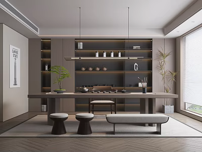 Modern Tea Room Interior With Long Table Stools Green Plants And Shelves 3d model