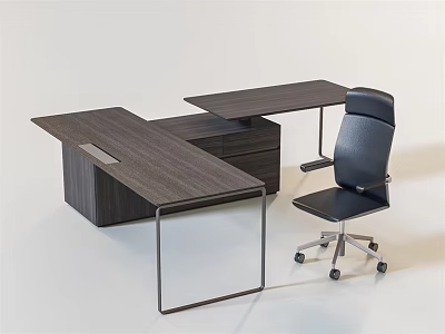 Modern Office Desk With Dark Wood Grain Two Desktops Drawer Cabinet And Black Chair 3d model