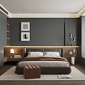 Modern Bedroom Interior Design With Upholstered Headboard Nightstand Table Lamp Wall Art And Pendant Lights