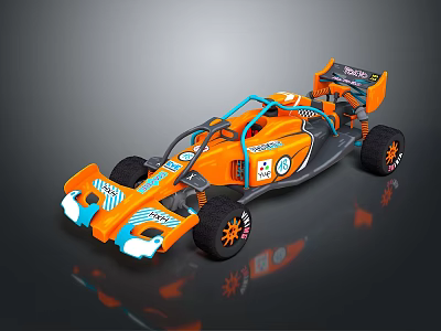 Orange Open Wheel Race Car With Aerodynamic Body Large Rear Wing And Sponsor Decals 3d model