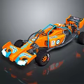 Orange Open Wheel Race Car With Aerodynamic Body Large Rear Wing And Sponsor Decals