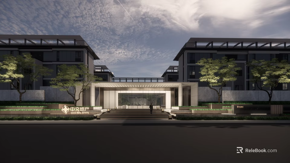 Longxi Mansion Modern Entrance Gate with Steps Trees Person in Front of Buildings 3d model 