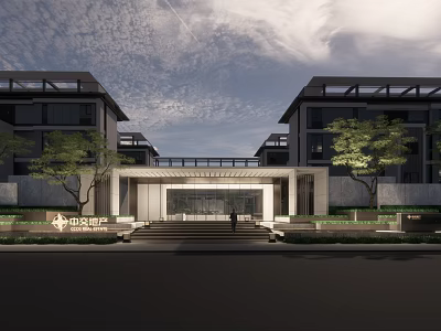 Longxi Mansion Modern Entrance Gate with Steps Trees Person in Front of Buildings 3d model