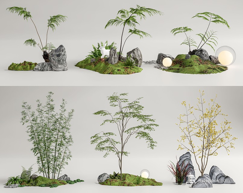 Ferns Bamboo And Small Trees With Rocks Grass And Decorative Lights Landscape Arrangement 3d model 