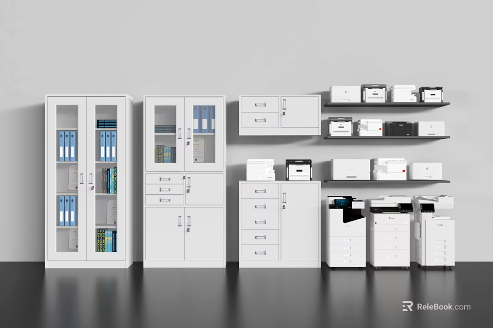 White Office Storage Cabinets With Glass Door Filing Units And Drawer Chests 3d model 