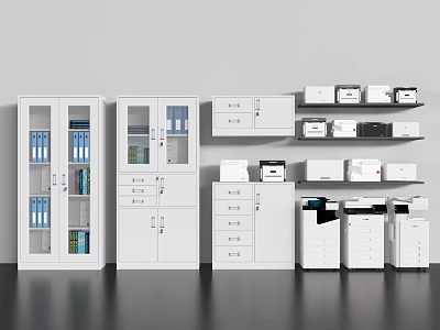 White Office Storage Cabinets With Glass Door Filing Units And Drawer Chests 3d model