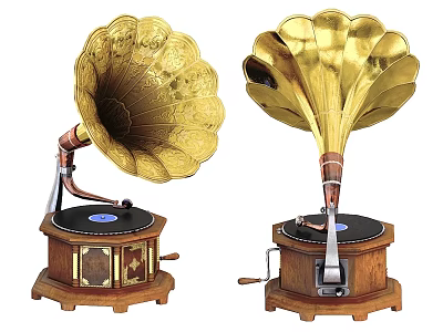 Vintage Musical Instruments Gramophones With Golden Horns And Wooden Base 3d model