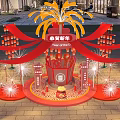 Chinese New Year Check in Desk Setup with Lion Dance Lanterns Fireworks and Ancient Buildings