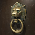 Ornate Vintage Brass Lion Head Door Knocker on Dark Wooden Door Panel