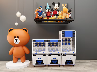 Playful Indoor Claw Machines With Orange Bear Doll And Stuffed Toys 3d model