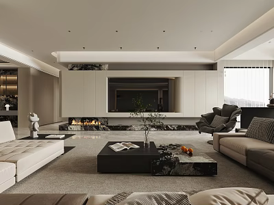 Modern Living and Dining Room Interior With Sofa Coffee Table Fireplace and Decorative Plants 3d model