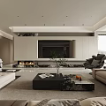Modern Living and Dining Room Interior With Sofa Coffee Table Fireplace and Decorative Plants