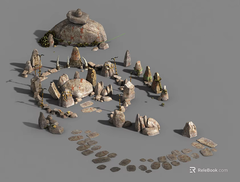 Natural Stone Wood Interior Elements With Rock Piles Stone Columns And Slate Tiles 3d model 