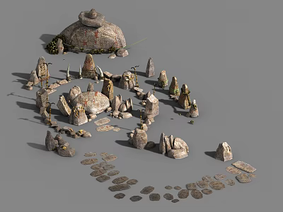 Natural Stone Wood Interior Elements With Rock Piles Stone Columns And Slate Tiles 3d model