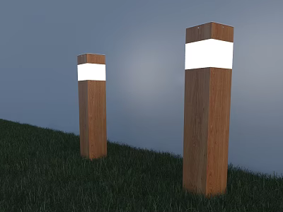 Outdoor Wooden Post Lights With Illuminated White Panels On Grass Field 3d model