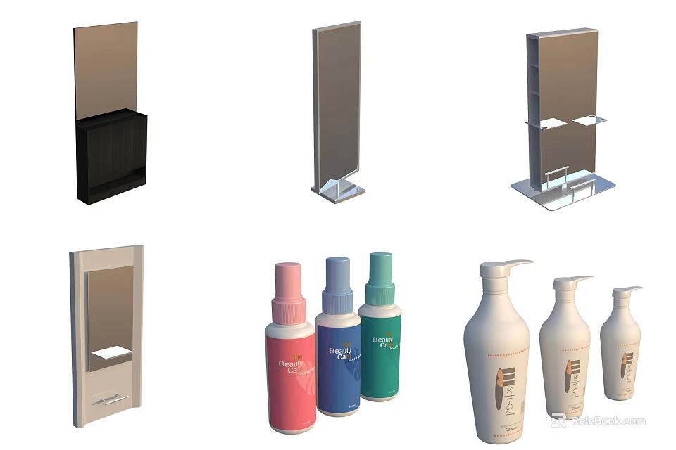 Various Design Commercial Equipment Including Display Stands And Product Bottles 3d model 