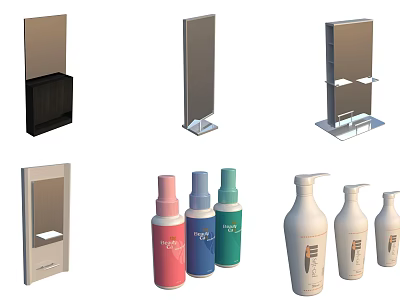 Various Design Commercial Equipment Including Display Stands And Product Bottles 3d model