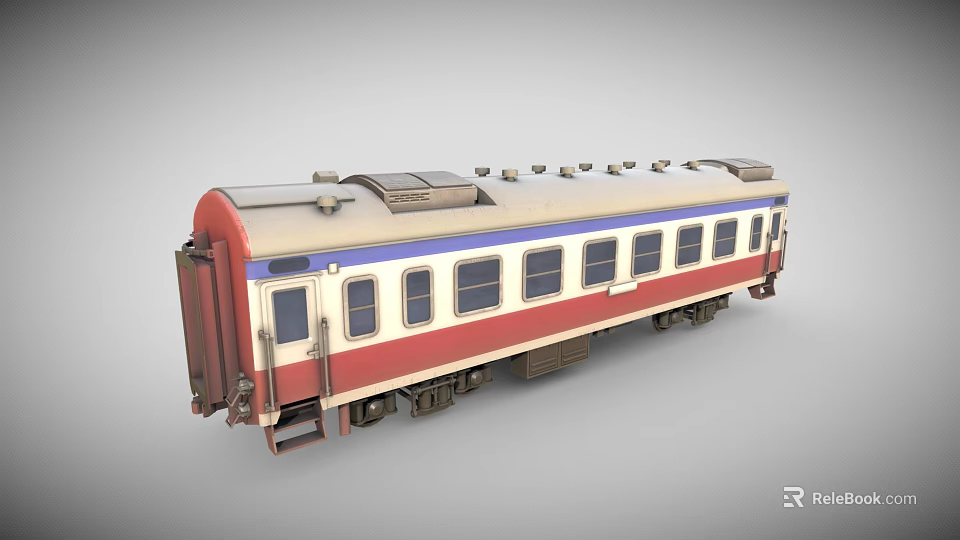 Vintage Train Carriage With Red White Blue Exterior Featuring Row Of Windows And Roof Equipment 3d model 
