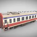 Vintage Train Carriage With Red White Blue Exterior Featuring Row Of Windows And Roof Equipment