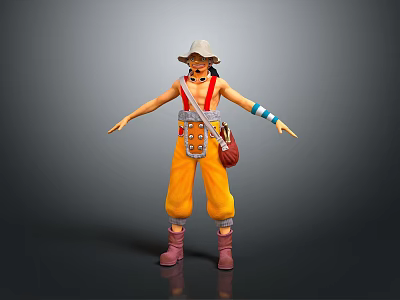 3D Game Movie Character With Straw Hat Orange Pants Red Suspenders Blue Arm Bands 3d model