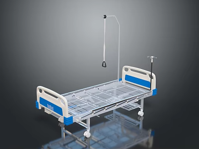 Modern Medical Bed With Blue White Frame Wheels And IV Pole 3d model
