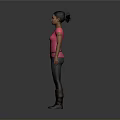 Woman In Pink T Shirt Blue Jeans And Brown Boots Standing On Grey Background
