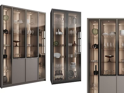 Modern Glass Door Display Cabinets With Metal Frame And Interior Tableware Decor 3d model