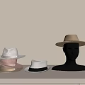 Stylish Hats White Pink Beige Stacked On White Shelf And Displayed On Black Mannequin Head