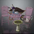 Outdoor Garden Furniture Set Pink Metal Chairs Table With Wheelbarrow Lavender Teacups And Birdbath