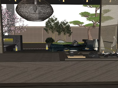 Modern Zen Garden Landscape With Stone Water Feature Cherry Blossom Trees And Soft Lighting 3d model