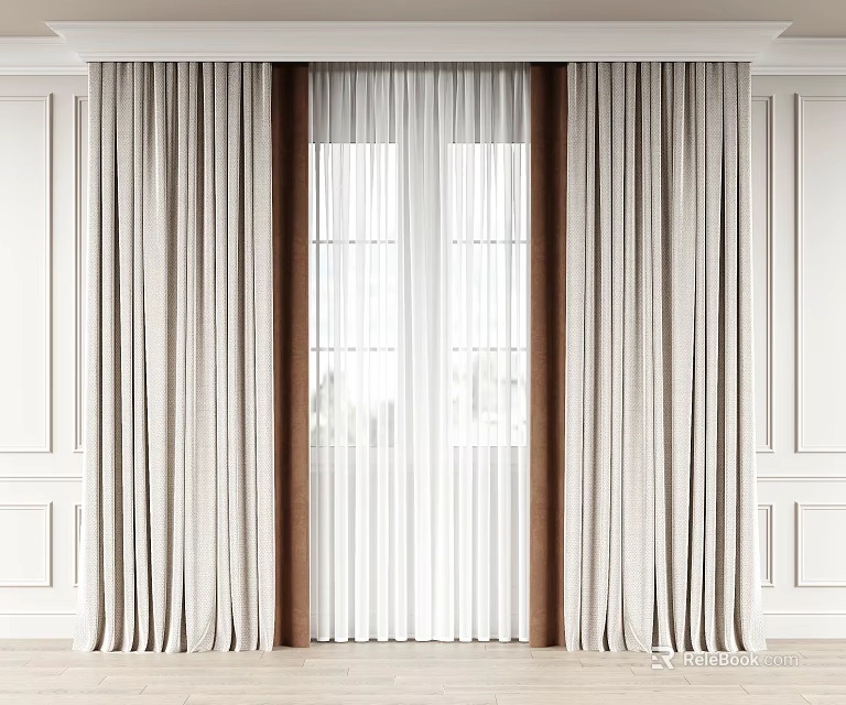 Beige Linen Curtains With Sheer Panels For Window In Modern White Walls Interior 3d model 