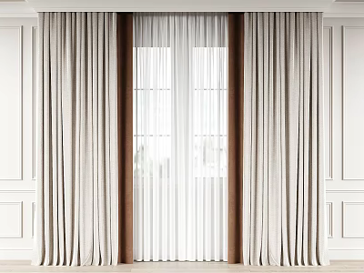 Beige Linen Curtains With Sheer Panels For Window In Modern White Walls Interior 3d model