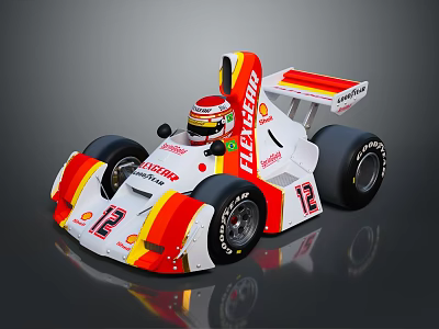 White Red Yellow Striped Racing Car with Shell Flylon Logos Helmeted Driver and Number 12 3d model