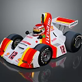 White Red Yellow Striped Racing Car with Shell Flylon Logos Helmeted Driver and Number 12