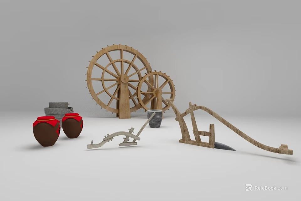 Decorative Wooden Garden Ornaments Featuring Water Wheels Clay Pots Plow And Curved Structure 3d model 