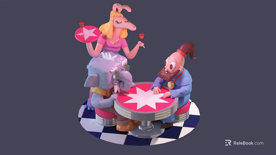 Cartoon Scene With Characters Sitting Around Star Pattern Round Table On Checkerboard Floor 3d model 