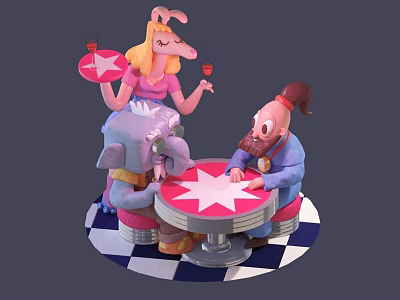 Cartoon Scene With Characters Sitting Around Star Pattern Round Table On Checkerboard Floor 3d model