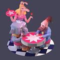 Cartoon Scene With Characters Sitting Around Star Pattern Round Table On Checkerboard Floor