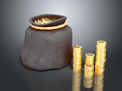 Brown Leather Pouch With Gold Coins And Stacked Coin Piles 3d model