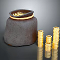 Brown Leather Pouch With Gold Coins And Stacked Coin Piles