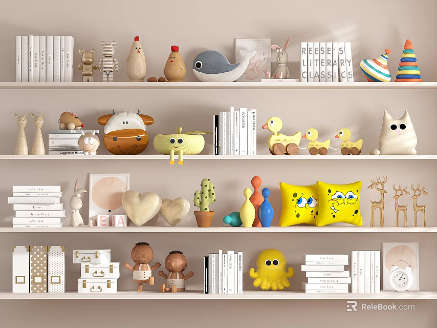 Stylish Decorative Ornament Set with Animal Figures Books and Heart Decor on White Shelves 3d model 