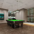 Modern Billiard Room Design With Green Felt Pool Table Wooden Walls Shelves And Pendant Light