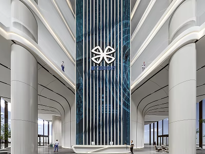 Modern Lobby Reception Area With Blue Striped Feature Wall And Marble Countertop Lighting 3d model