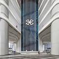 Modern Lobby Reception Area With Blue Striped Feature Wall And Marble Countertop Lighting