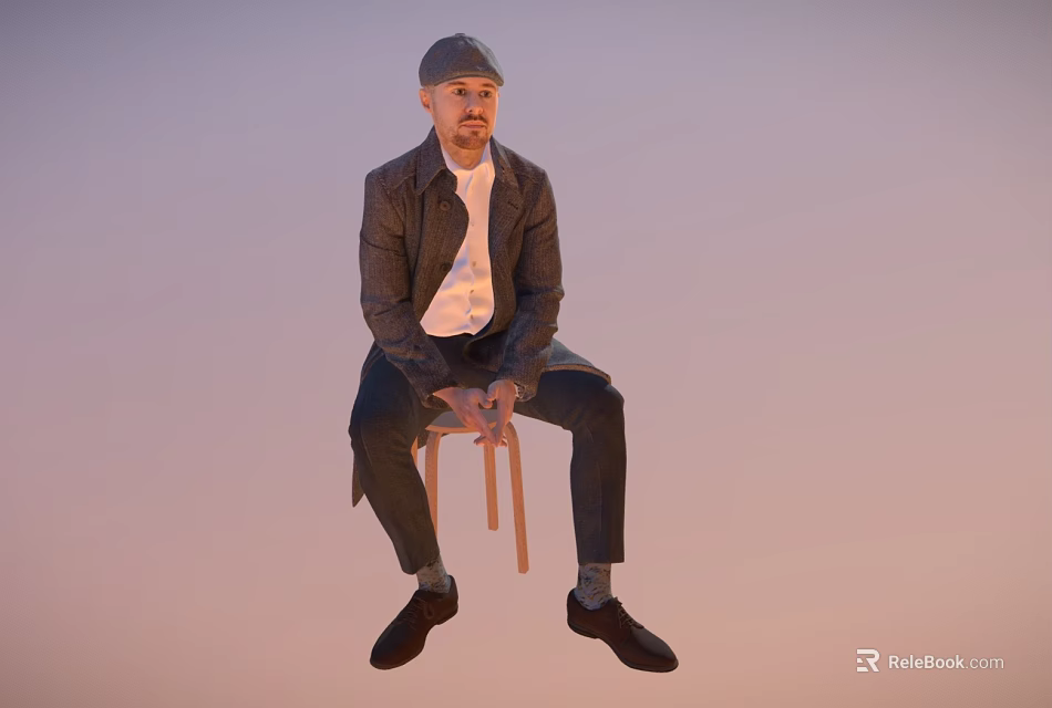 Man sitting on chair wearing hat jacket white shirt dark pants shoes against light background 3d model 