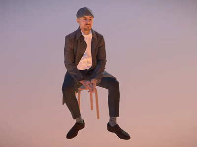 Man sitting on chair wearing hat jacket white shirt dark pants shoes against light background 3d model