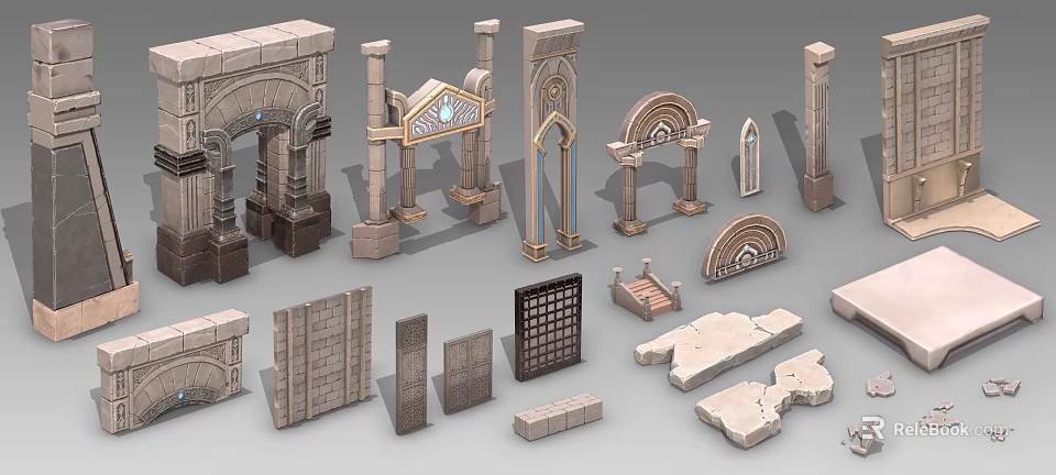 Detailed Stone Architectural Components With Arches Columns Walls And Decorative Frames 3d model