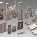 Detailed Stone Architectural Components With Arches Columns Walls And Decorative Frames 3d model